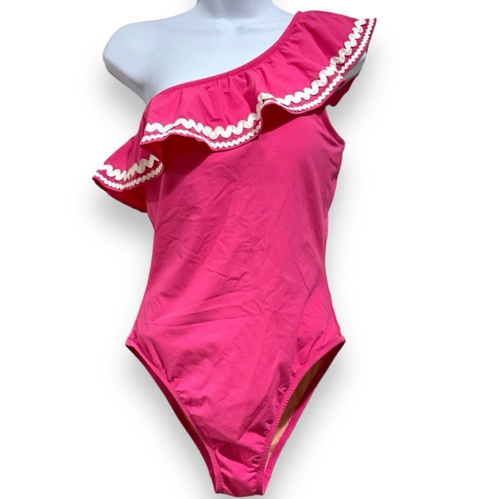 J. CREW One shoulder Ruffle One piece Swimsuit in Fuchsia Bloom Size 4